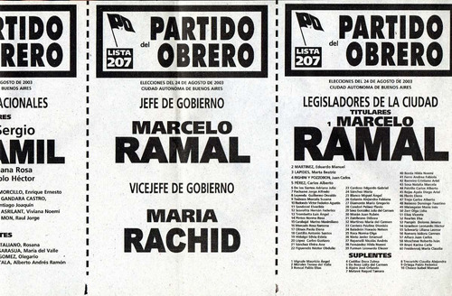 Boleta Electoral  Partido Obrero - Marcelo Ramal    2003 (1)