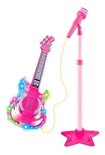 Imagem 1 de 7 de Guitarra Infantil Com Microfone E Pedestal Dm Toys Rosa