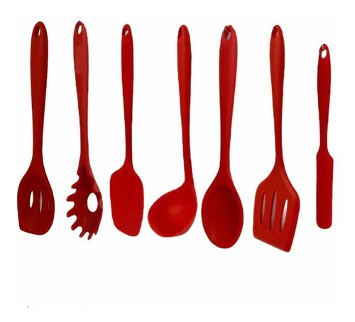 Conjunto Utensílio Cozinha Colher Completo Silicone Vermelho