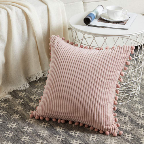 2Pcs Funda de Cojins De Terciopelo De Pana, Con Funda De Almohada De Estilo Bohemio Súper Suave Pom-poms 45x45cm, Color Rosa