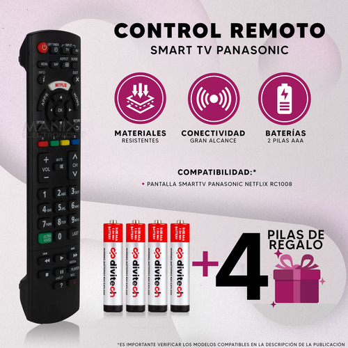 Control Remoto Compatible Con Pantalla Smarttv Panasonic Netflix Rc1008 Y N2qayb 000779 Incluye 4 Pilas Divitech® Aaa