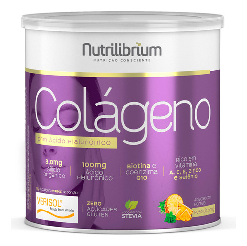 Colágeno Verisol Ácido Hialurônico Silício Orgânico Coq-10 Sabor Abacaxi Com Hortelã