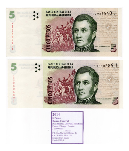 Ltb220. Billete De 5 Pesos, Serie J, 2014; Bot.:3336