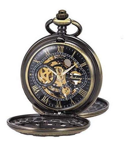 Reloj De Bolsillo Esqueleto Mecánico Caja Doble Cuerda Manu
