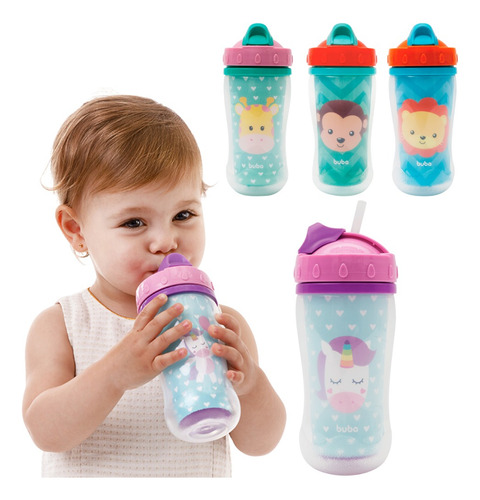 Copo Canudo Infantil Parede Dupla Animal Fun 280 Ml Buba