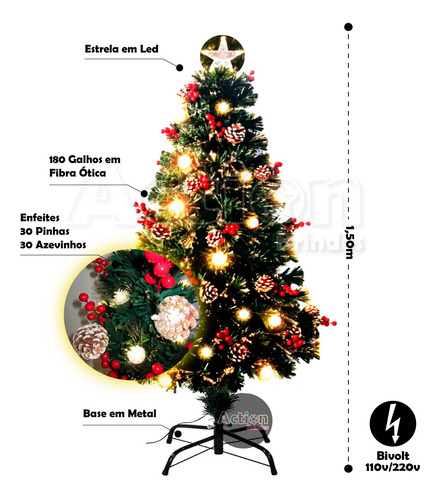 Árvore De Natal Fibra Ótica Led Super Luxo 1,50m