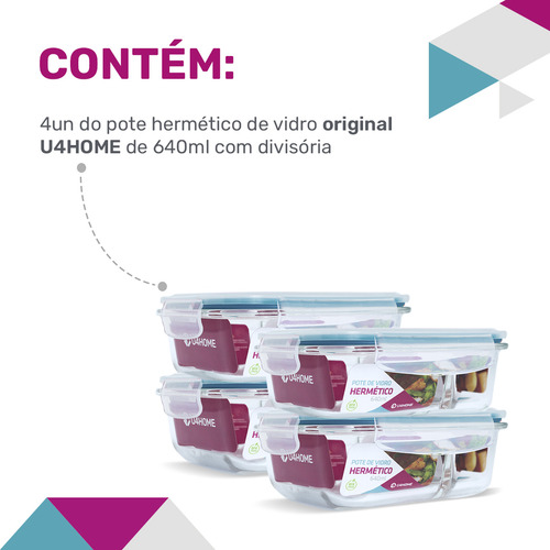 4 Potes Hermético Vidro Divisória Marmita Microondas 640ml