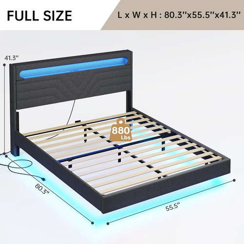 Base De Cama Matrimonial C/ Cabecera Con Luz Led & Usb Grey