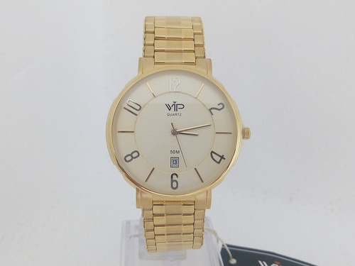 Relógio Vip Quartz Masculino Dourado Slim Banhado A Ouro