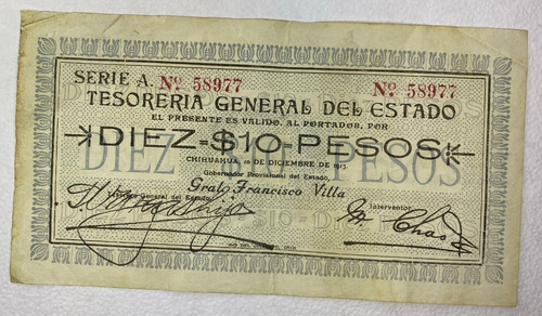 Tesorería Chihuahua 10 Pesos 1913 Serie Villa Vf Escaso