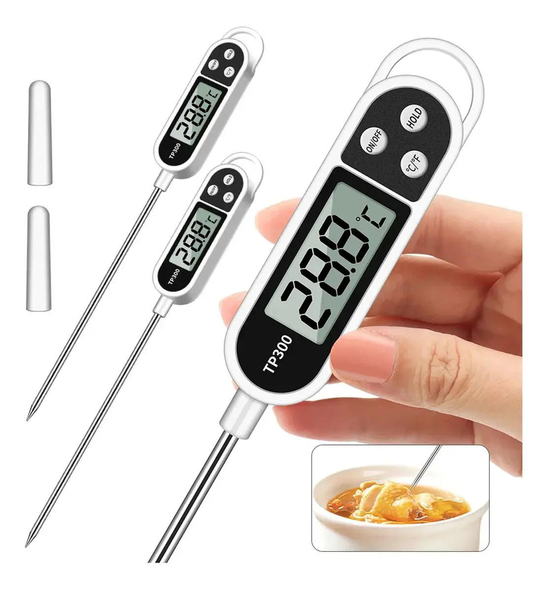Termómetro Digital para Cocina (Pack 2 pzas) - Sonda de Lectura Instantánea para Carne, Horno y Parrilla, Alta Precisión para Alimentos, Repostería, Aceite y Velas, Incluye Batería