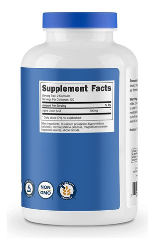 Acido Alpha Lipoico Acid 600mg 240 Nutricost Importado Eeuu Neutro