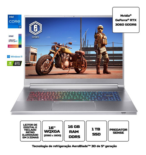 Notebook Gamer Acer Predator Triton PT316-51S-78V9 Core i7 12700H, RTX3060 com 6GB, Memória 16GB Ram, 1TB SSD, Tela 16" 240Hz WQXGA, W11 - Excelente (Recondicionado)
