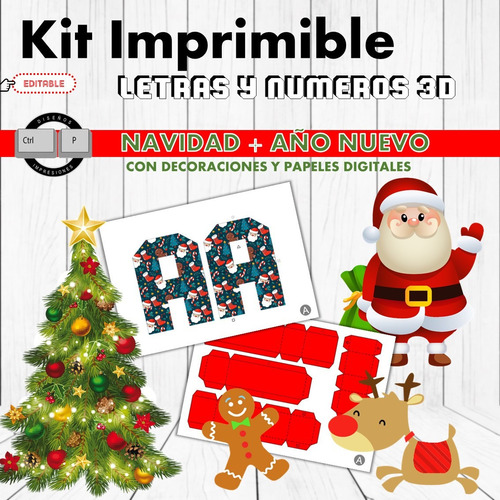 Kit Imprimible Molde Letras Y Números 3d Editables Navidad