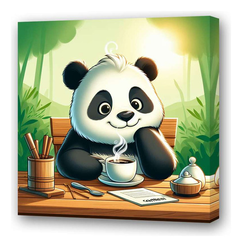 Cuadro 20x20cm Panda Tomando Un Cafe Contento Dibujo