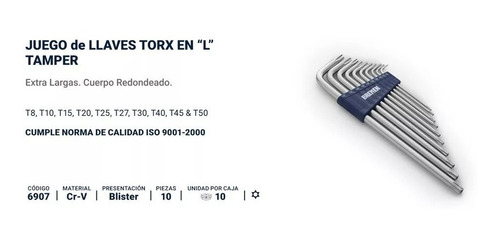 Juego Llaves Torx Largas Bremen® 10 Pz T8 A T50 + Guantes