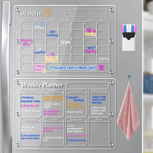  Calendario acrílico para nevera, calendario de refrigerador de  16 x 12 pulgadas, calendario transparente reutilizable para refrigerador, 6  marcadores de borrado en seco con 3 colores y paño de : Productos de Oficina