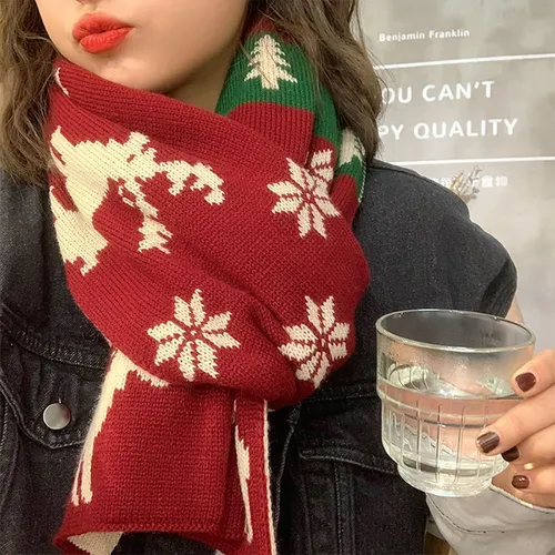 Bufanda Tejida Navideña Para Mujer, Copos De Nieve Rojos De
