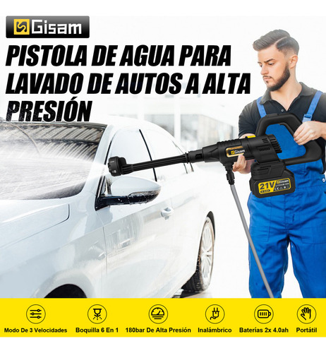 Hidrolavadora Inalambrica C/ 6 En 1 Boquilla Motor Sin Escobillas GISAM P3717 2610 Psi Color Negro