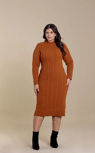 Vestido Midi Manga Longa Plus Size De Tricô De Trança Hadaza