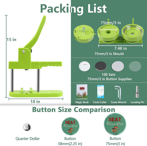 Button Maker Machine, 75mm(3 Inch) Diy Pin Button Maker P...