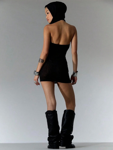 Vestido Corto Negro Capucha Fiesta Festival Rave Importado
