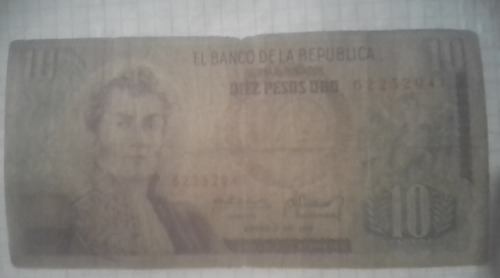 Billete Diez Pesos Oro Enero 1°de1975 Bogotá Colombia Nariño