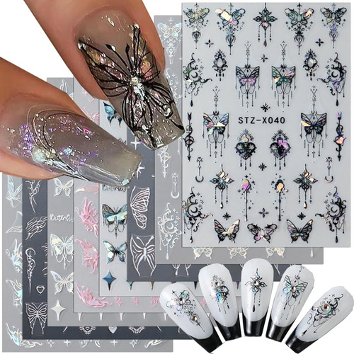 8pcs Metallic Silver Butterfly Nail Stickers 3d Laser Black
