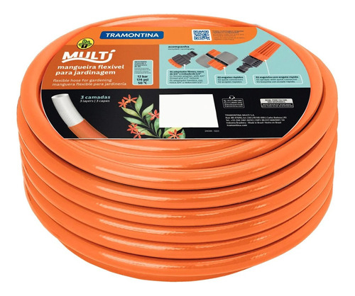 Mangueira Multi 1/2" em PVC 3 Camadas 30m com Engates Rápidos e Esguicho Laranja Tramontina