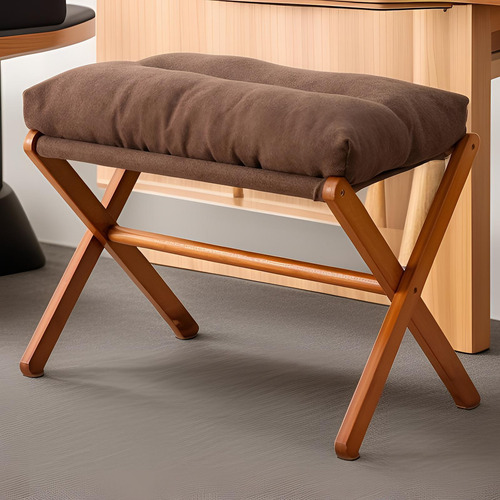 Taburete De Maquillaje Plegable Con Patas De Madera, Marrón