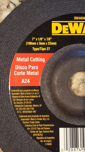 Disco Corte Metal A24 7x1/8x7/8 Dewalt