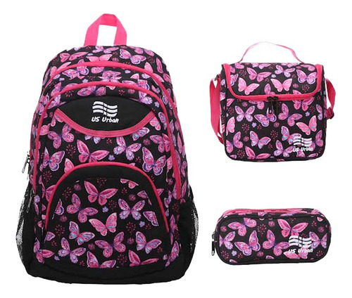 Set Mochila Escolar Lonchera Y Lapicera Niña Flores Negra Con Rosa Color Negro Diseño de la tela Estampado