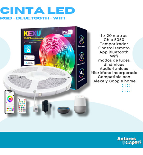 Cinta Tira Led Rgb Bluetooth Wifi 20 Metros Alexa Google