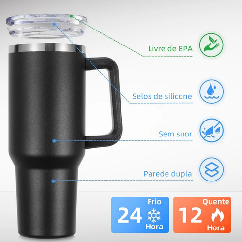 Copo Super Térmico Com 1200ml Inox Premium Com Canudo E Alça