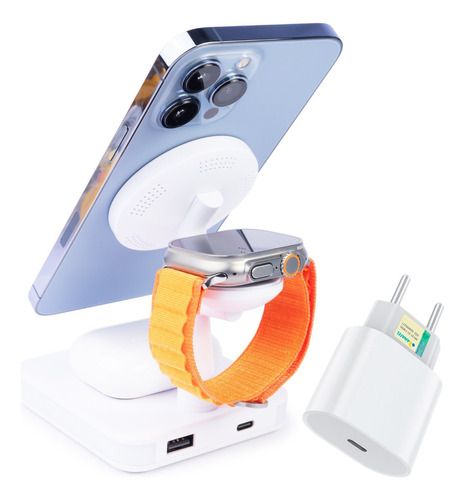 Kit Base Sem Fio Para iPhone 14 + Apple Watch Ultra + Airpod Cor Branco