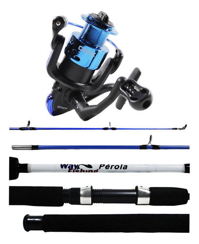 Kit Pesca Onix 2000 + Vara Pérola 1,40m 10-12 Lb Azul