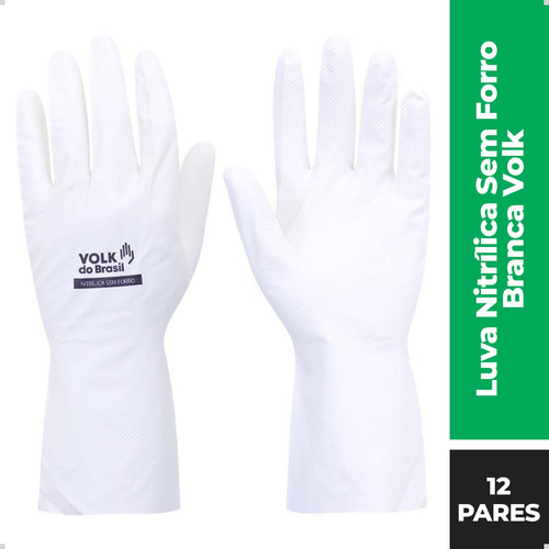 Kit 12 Luva Nitrílica S/ Forro Limpeza Cozinha Branca Volk P