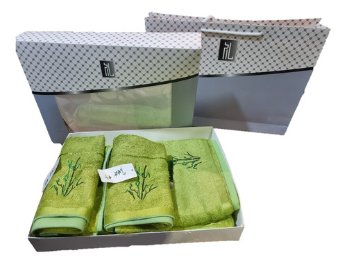 Set Toallas Baño De Bambú Con Caja Y Bolsa Gris Para Regalo