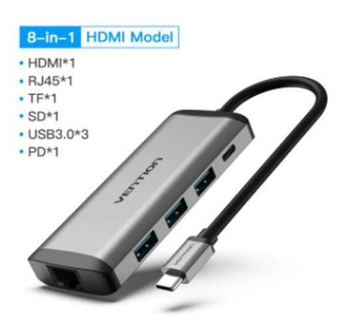 Hub Usb C Usb-c Vention 8 Em 1 Usb 3x 3.0 Hdmi Rj45 Tf Sd Pd