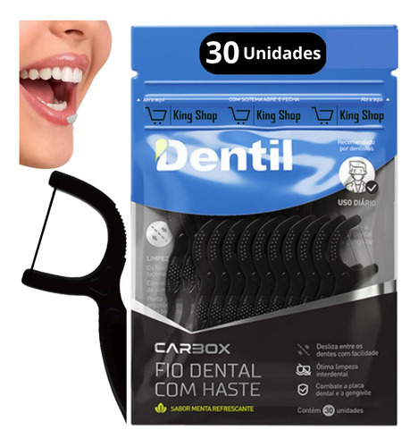 Fio Dental Dentil Haste Carvão Limpeza Dentes Gengivas C/ 30
