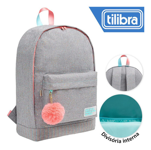 Mochila Juvenil Escolar Tilibra Feminina Académie Dots Cinza