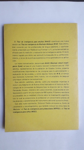 Test De Inteligencia Para Adultos (wais). Manual. Wechsler (Usado)