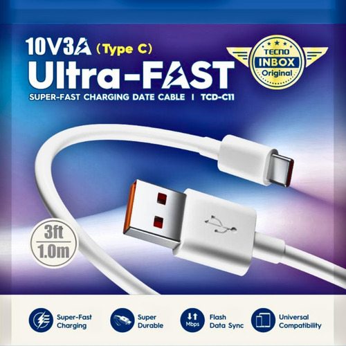 Cable Tipo C Duradero Usb Carga Rápida Turbo 3a 1m Blanco
