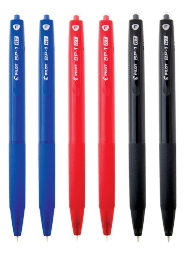 6 Canetas Esferografica Retratil Pilot Bp-1 Rt Fina 0.7mm Cor Da Tinta 2 Azul, 2 Preta E 2 Vermelha