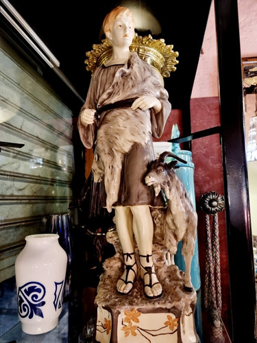 Hermosa Figura Antigua Feiance Pastor Con Cabra