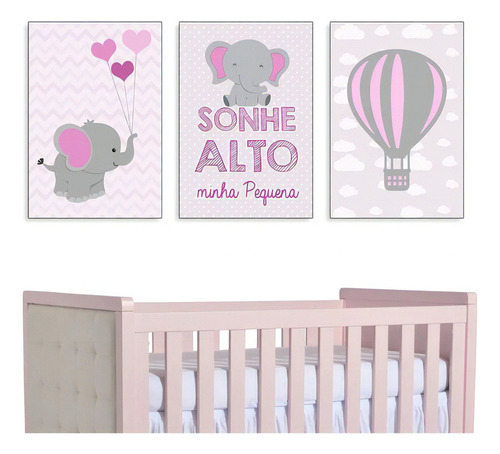 Quadrinho Quarto Bebê Elefante E Balão Rosa Kit 3 20x30cm