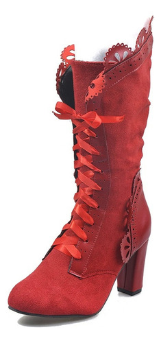 Botas A Media Pantorrilla Con Tacón Y Cordones Para Mujer