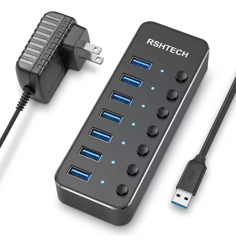 Concentrador USB 3.0 de 7 puertos con interruptores de alimentación LED  individuales, divisor USB de alta velocidad Hub de datos de extensión  portátil
