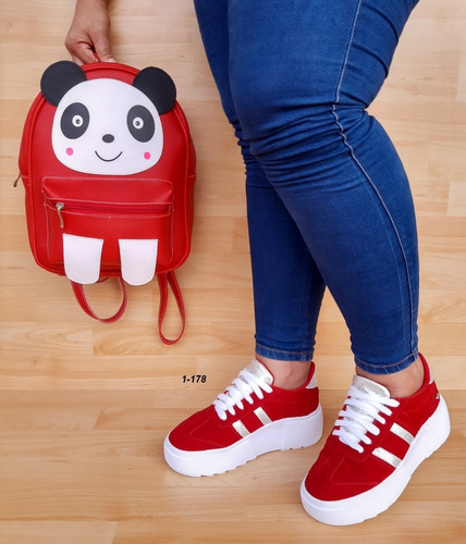 Combo De Morral Panda Mas Calzado Dama Color Rojo
