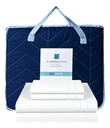Pack Quilt Bicolor Azul Celeste + Sábana 2 Plazas 3angeli